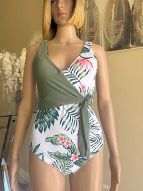 Girls Green Tropical Print One-Piece Swimsuit with Side Tie